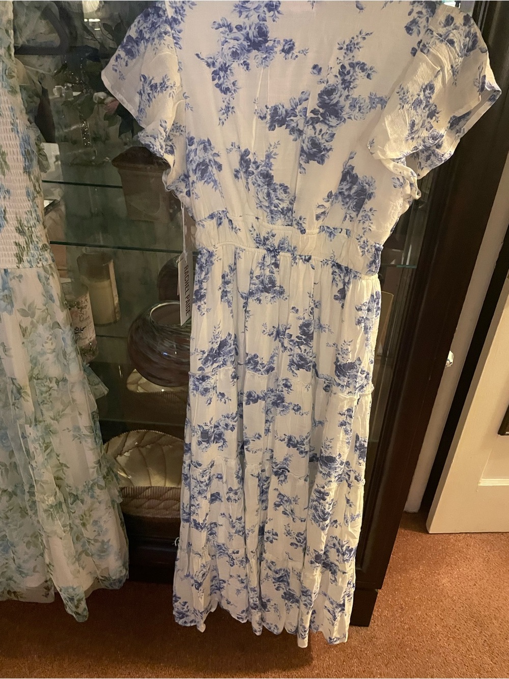 Women's White Maxi Dress with Blue Floral Print